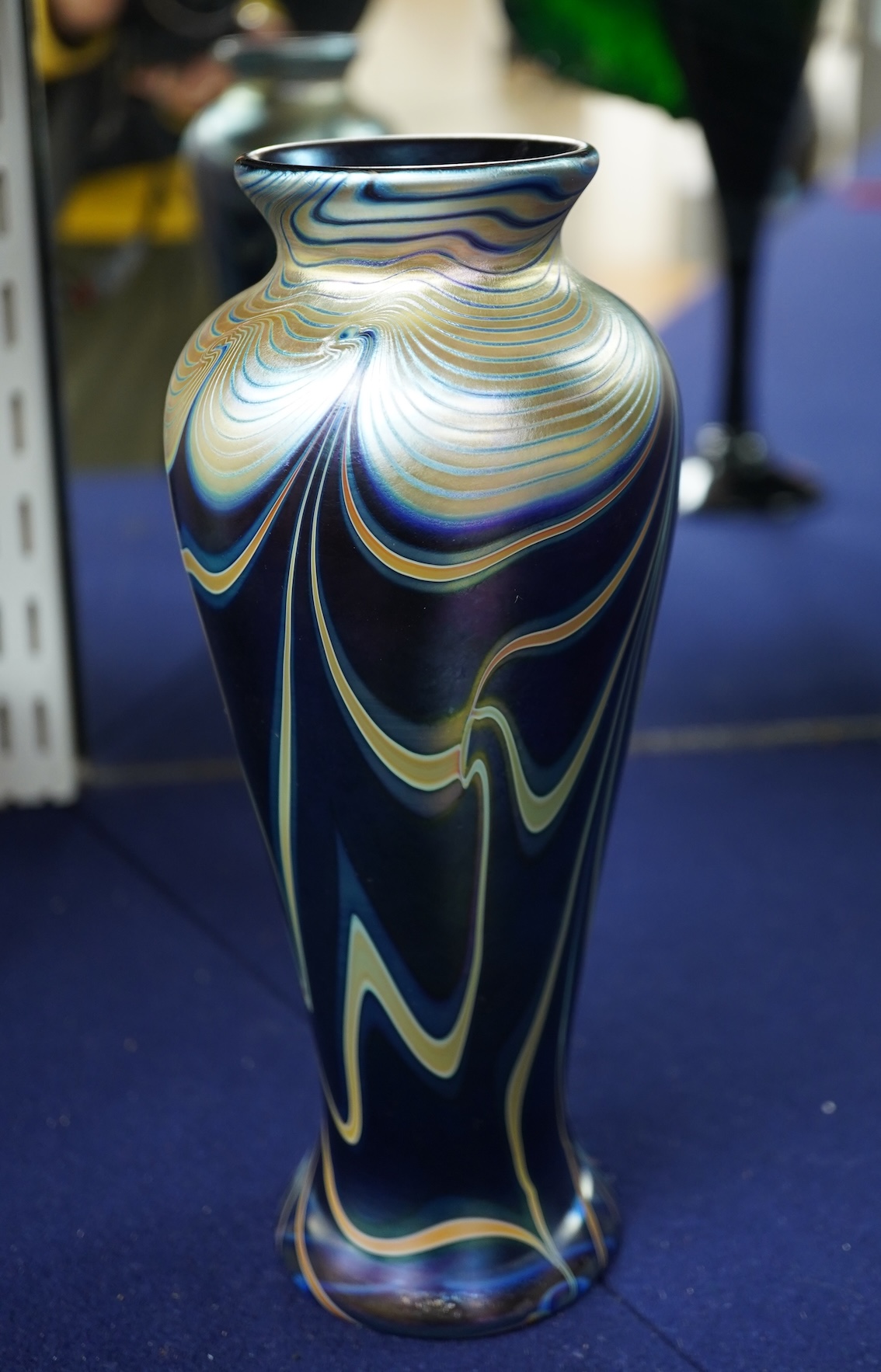 An Isle of Wight iridescent glass vase, Richard Golding Okra Luxor vase and Jack in Pulpit the box vase (3) tallest 38.5cm